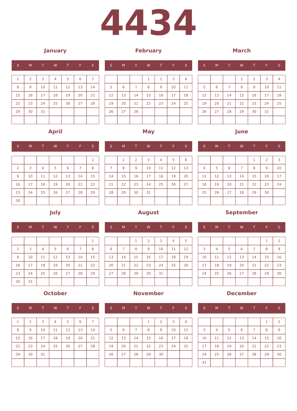 Printable 4434 Year Calendars cordovan