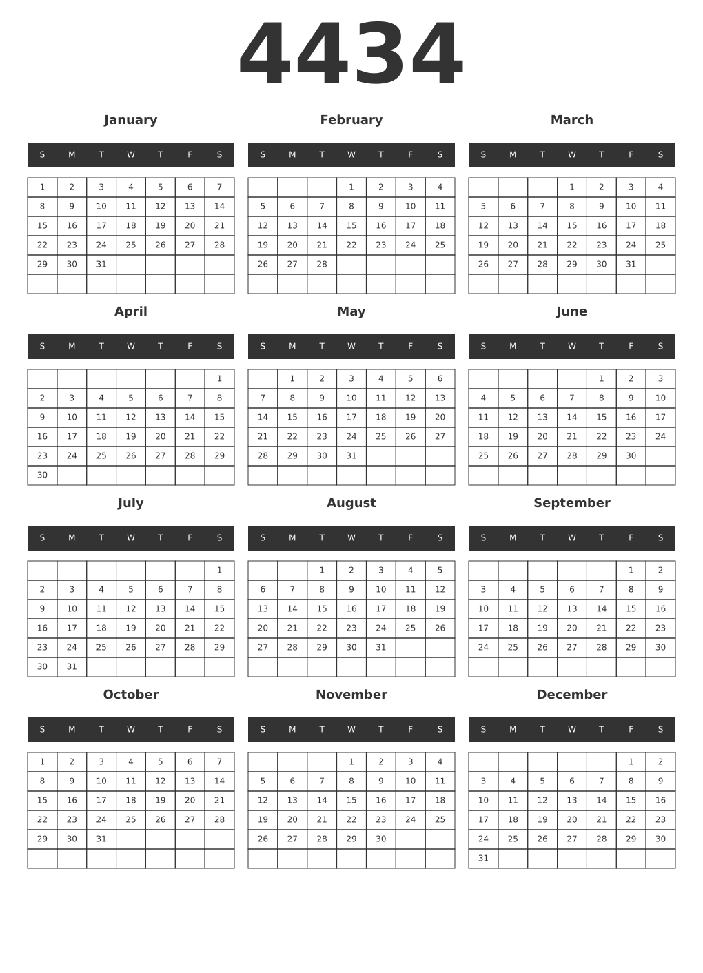 Printable 4434 Year Calendars dark