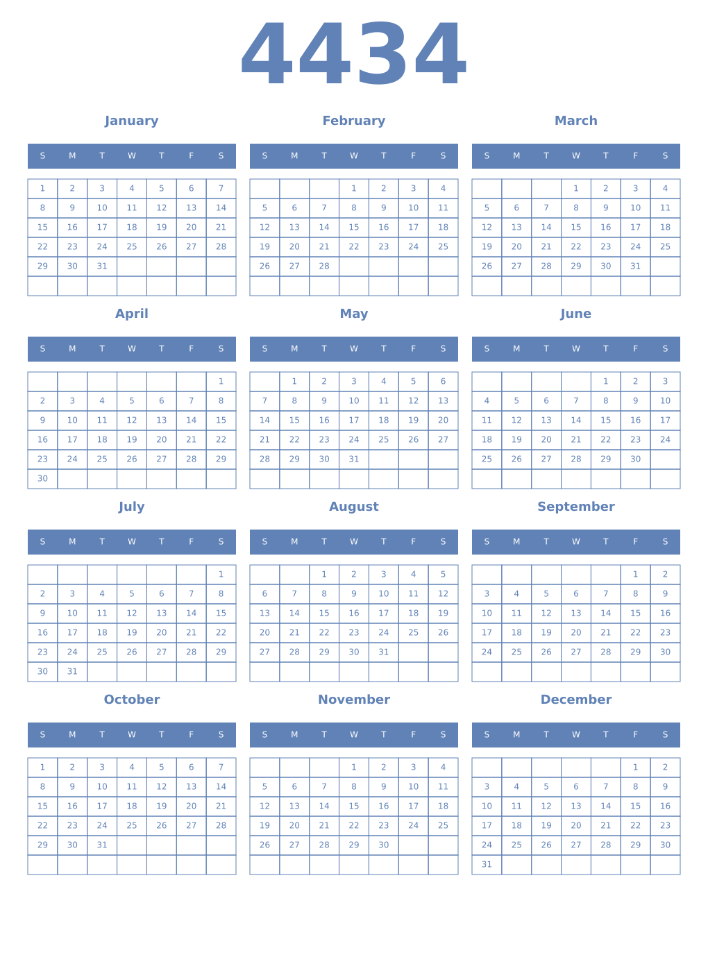 Printable 4434 Year Calendars glaucous