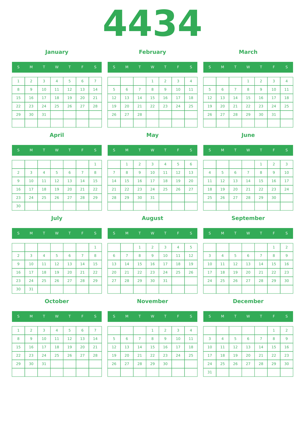 Printable 4434 Year Calendars green