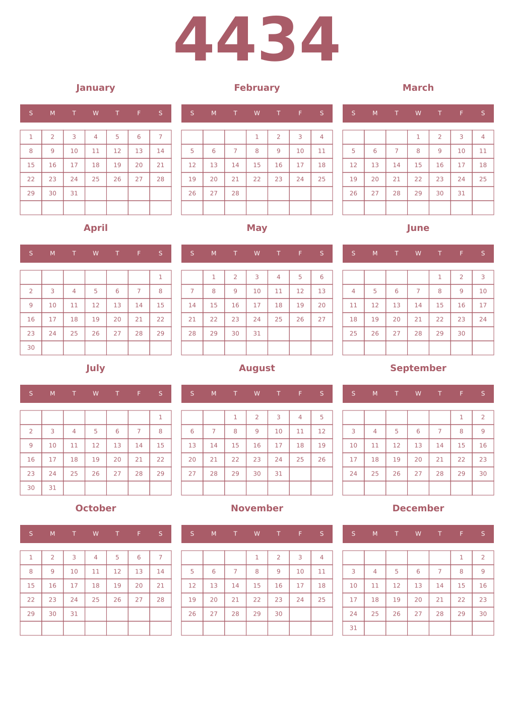 Printable 4434 Year Calendars puce