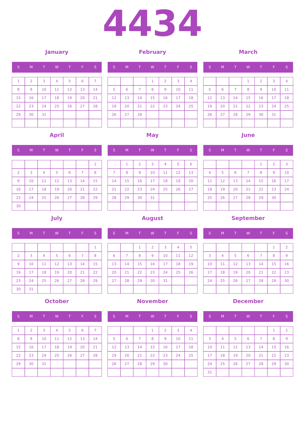 Printable 4434 Year Calendars purple