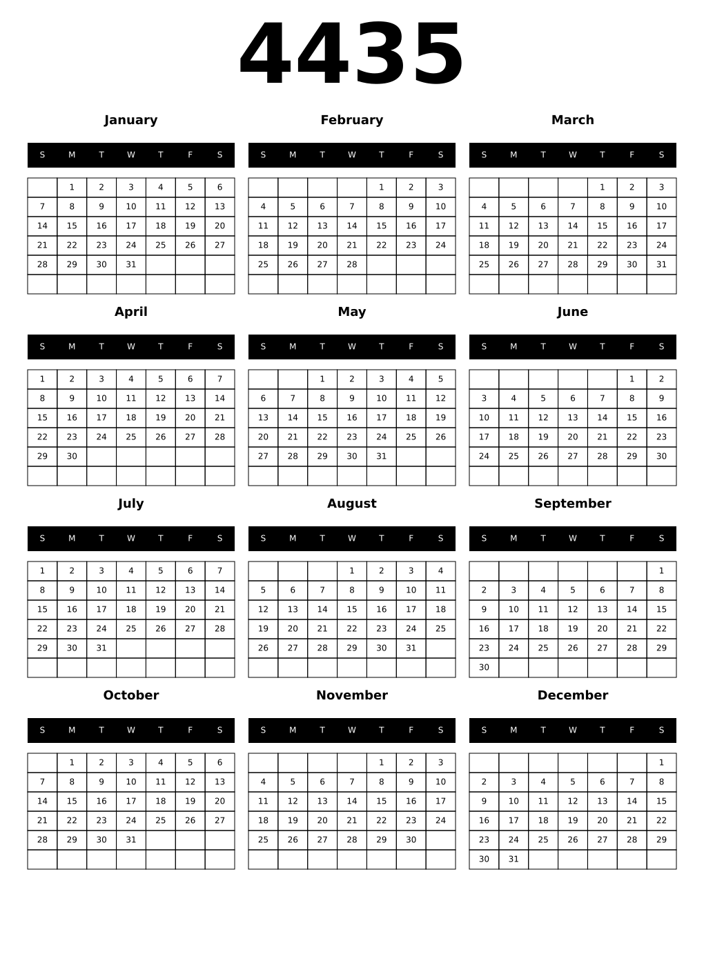 Printable 4435 Year Calendars black
