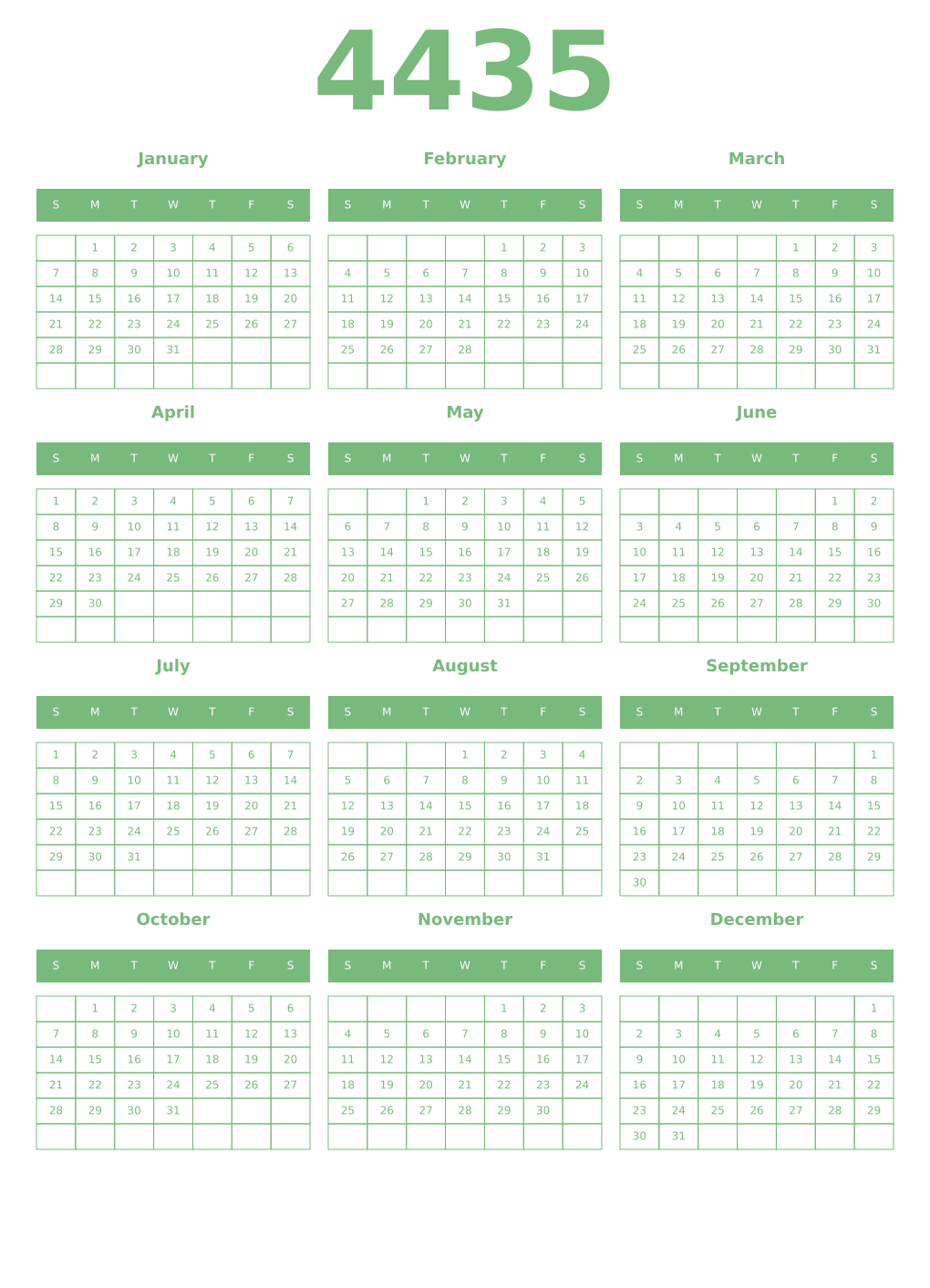 Printable 4435 Year Calendars celadon