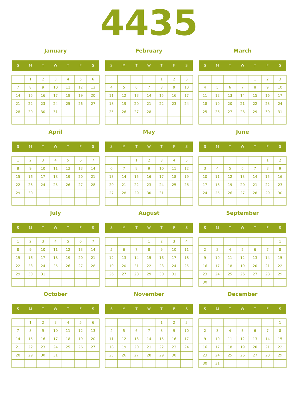 Printable 4435 Year Calendars chartreuse