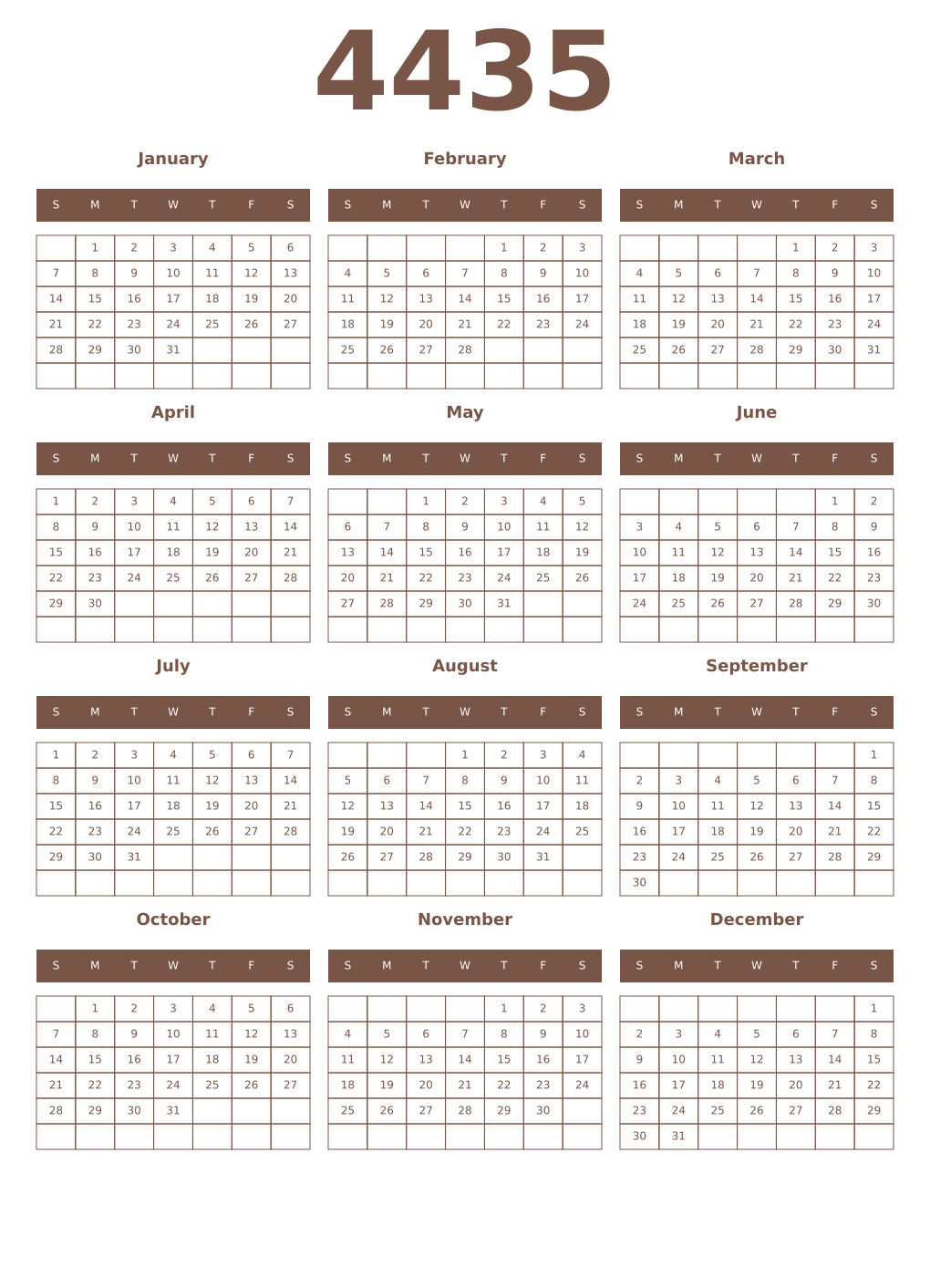 Printable 4435 Year Calendars coffe