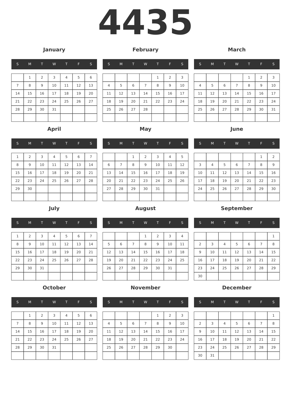 Printable 4435 Year Calendars dark