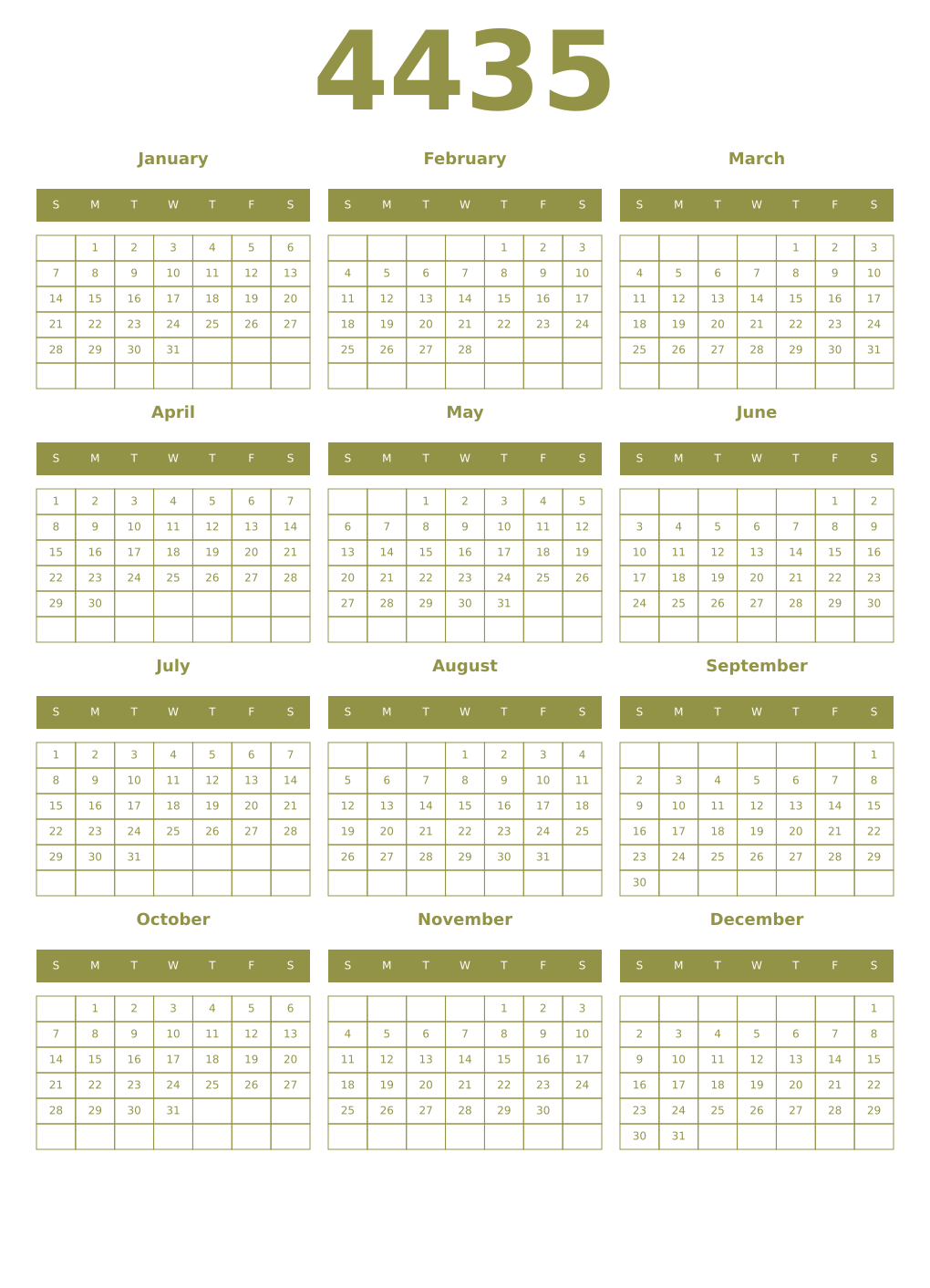 Printable 4435 Year Calendars eburnean