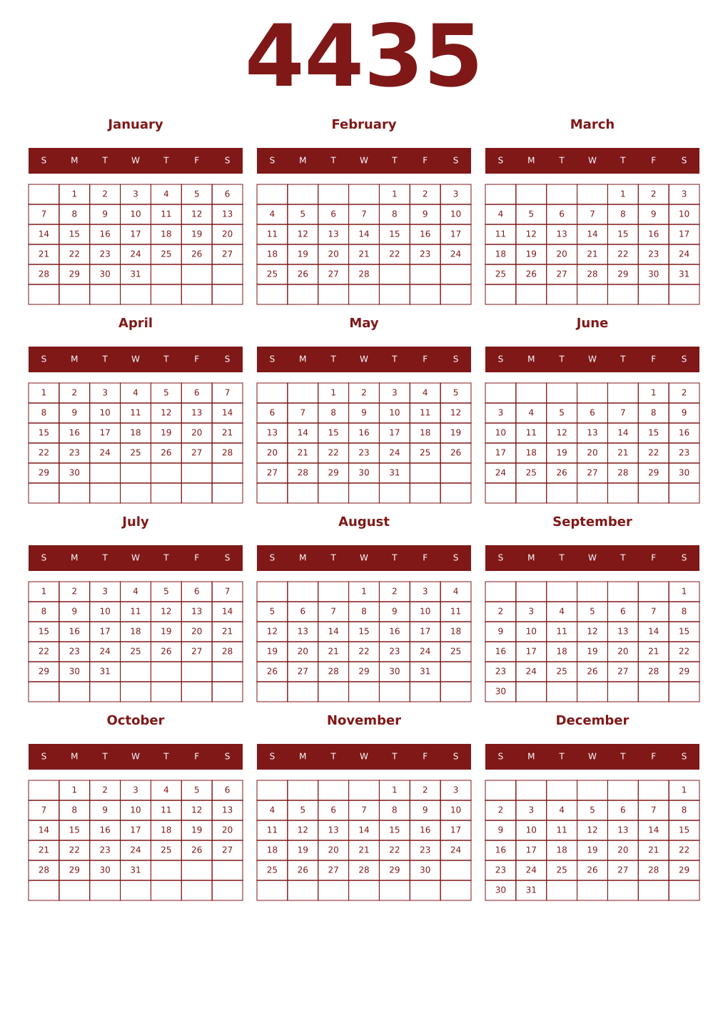 Printable 4435 Year Calendars falu