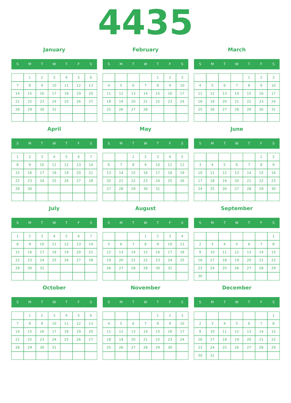 Printable 4435 Year Calendars green