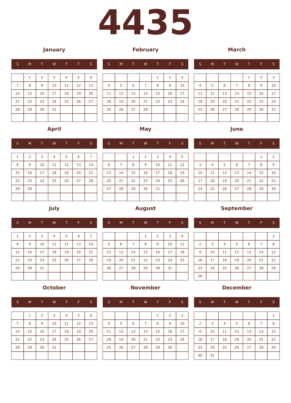Printable 4435 Year Calendars mortuum