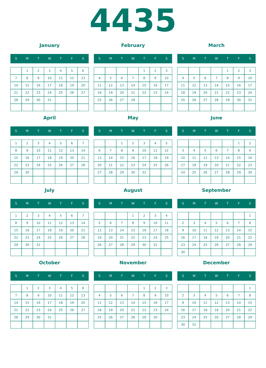 Printable 4435 Year Calendars pastel