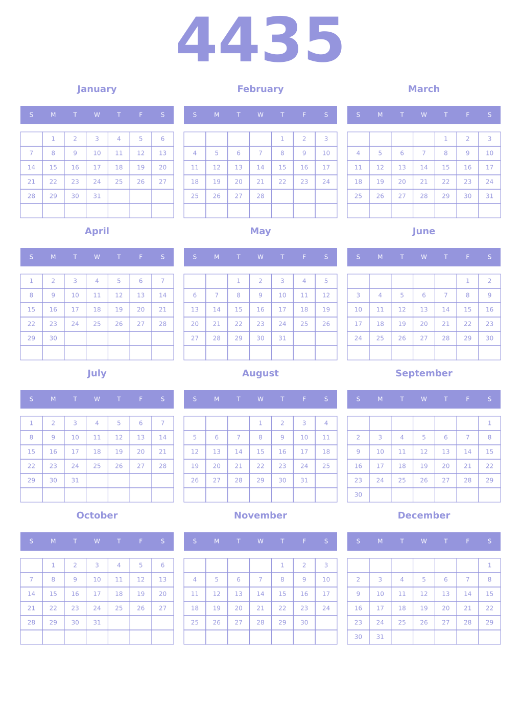 Printable 4435 Year Calendars periwinkle