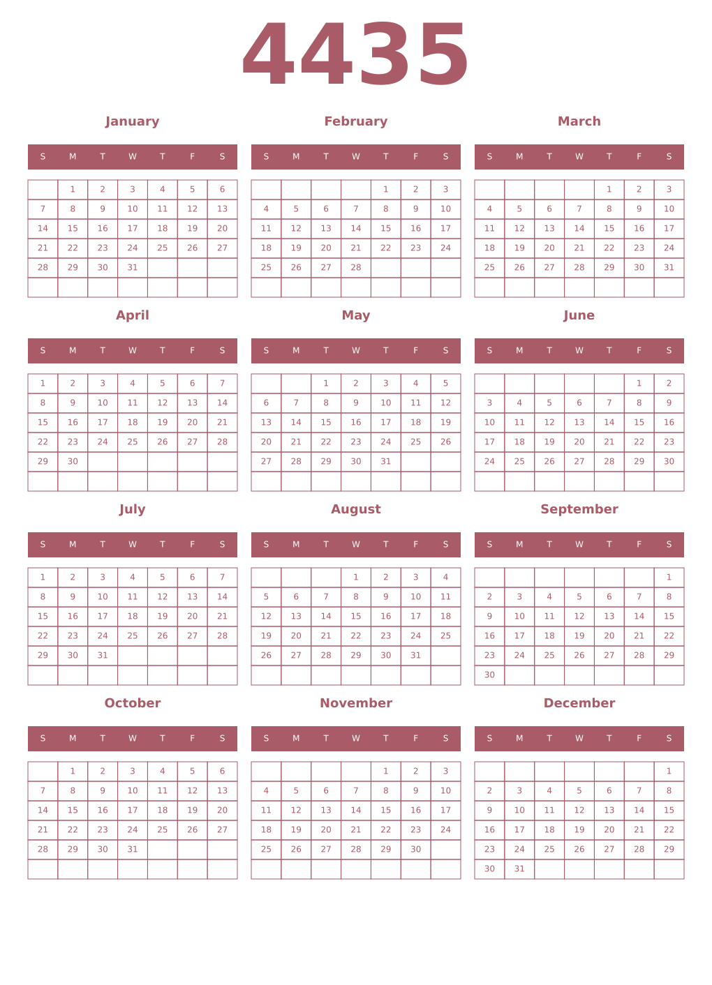 Printable 4435 Year Calendars puce