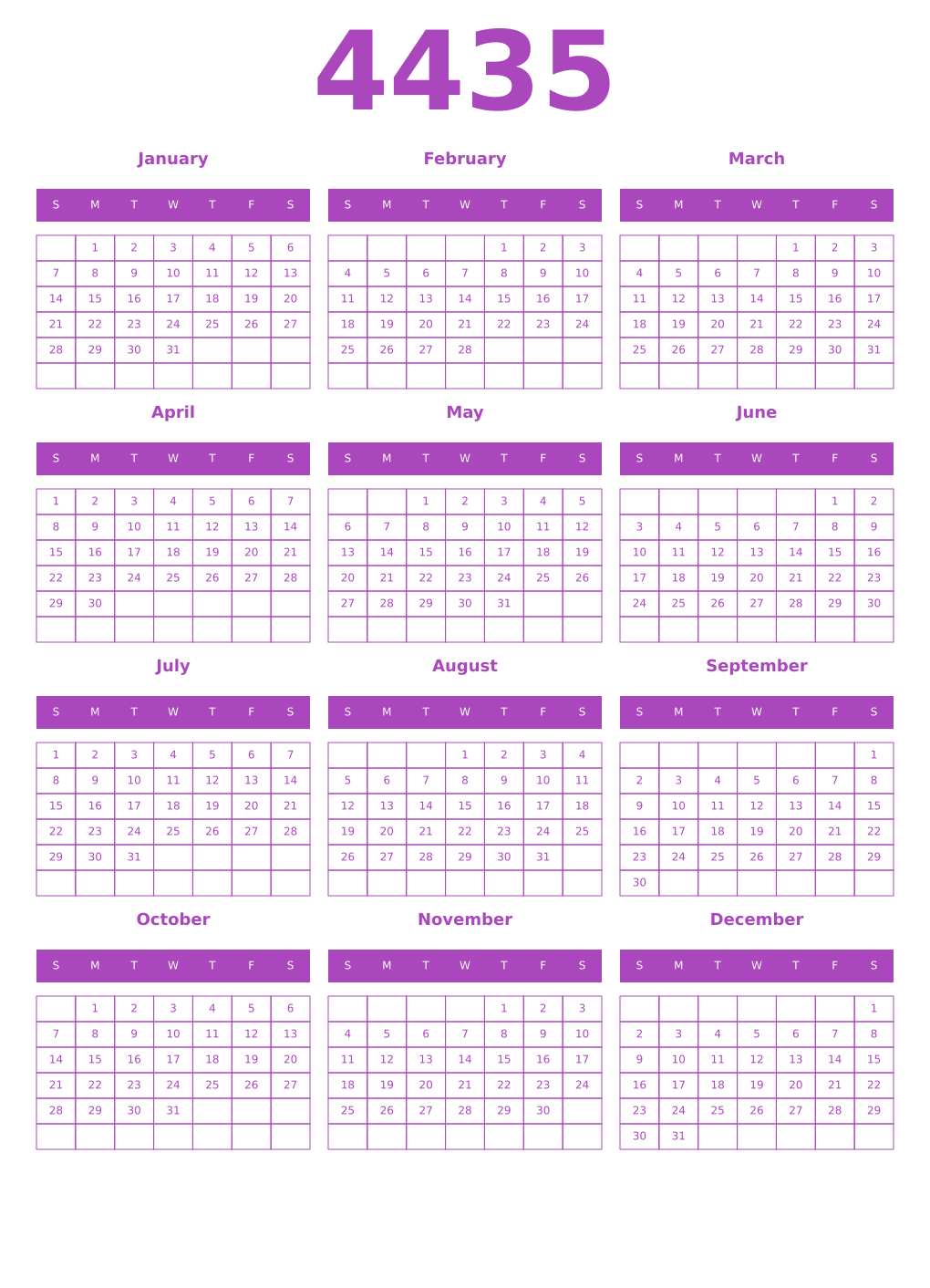 Printable 4435 Year Calendars purple