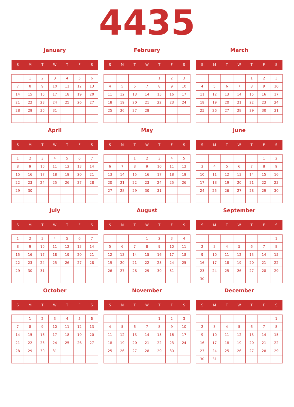 Printable 4435 Year Calendars red