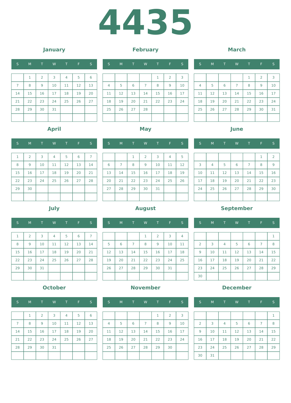Printable 4435 Year Calendars viridian