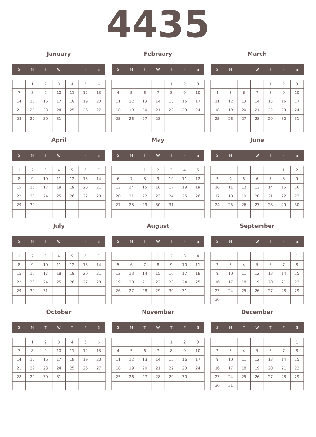 Printable 4435 Year Calendars wenge