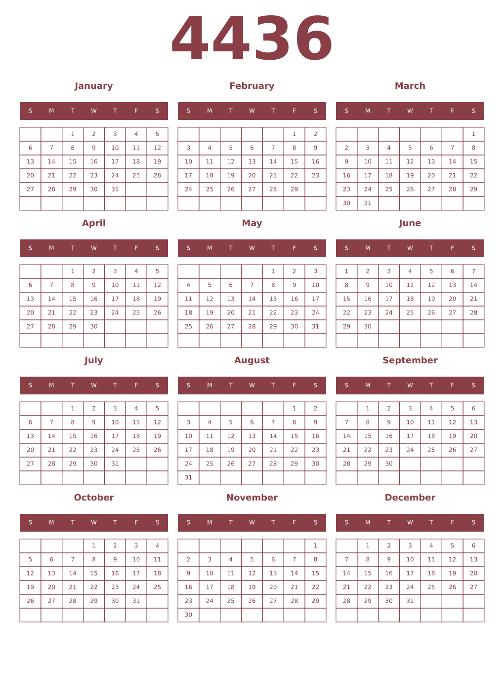 Printable 4436 Year Calendars cordovan