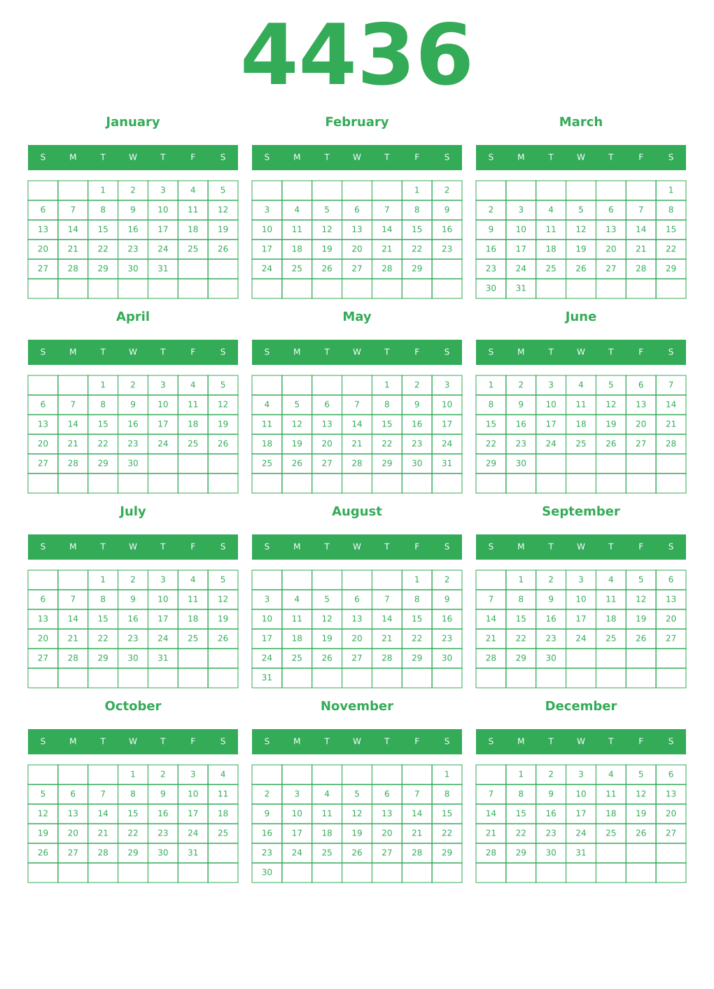 Printable 4436 Year Calendars green