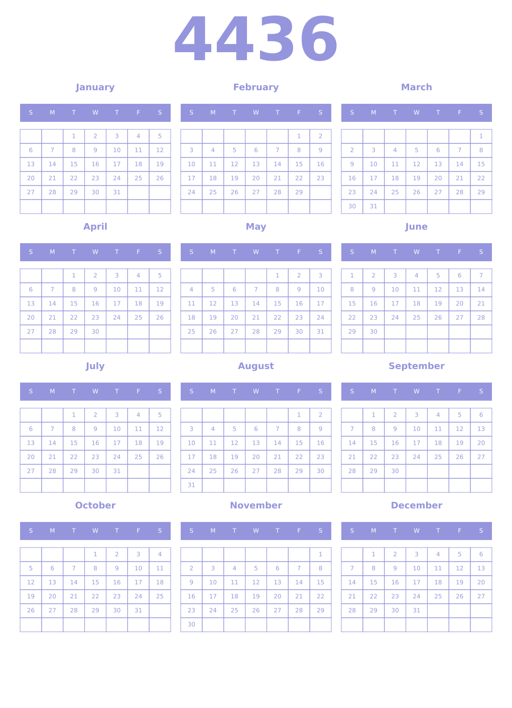 Printable 4436 Year Calendars periwinkle