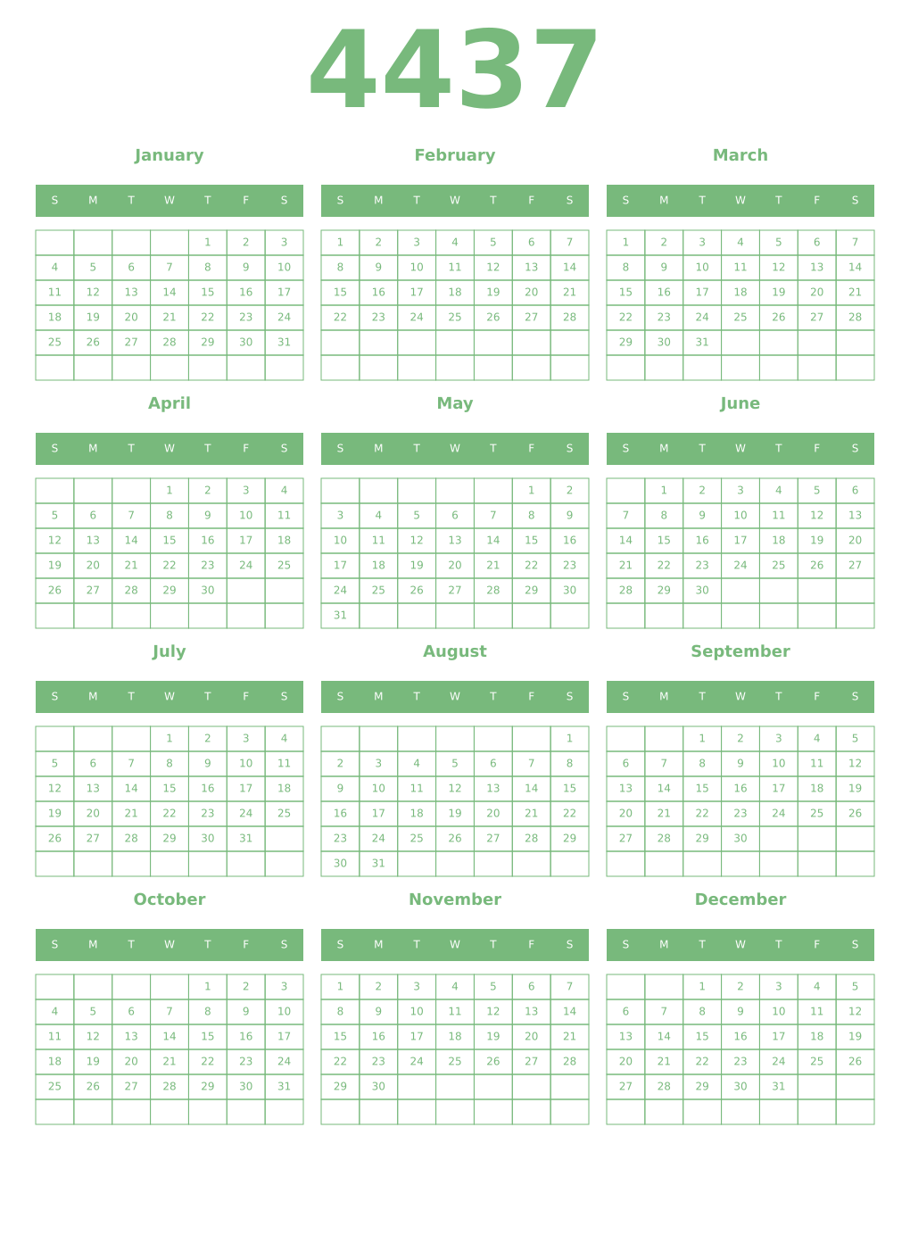 Printable 4437 Year Calendars celadon
