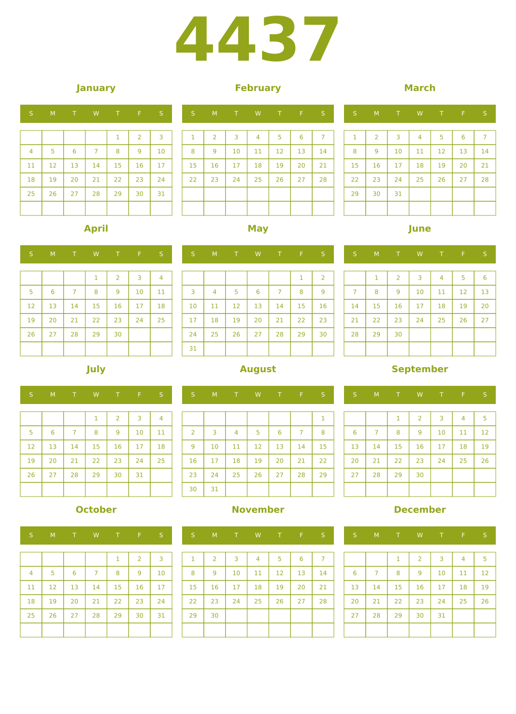 Printable 4437 Year Calendars chartreuse