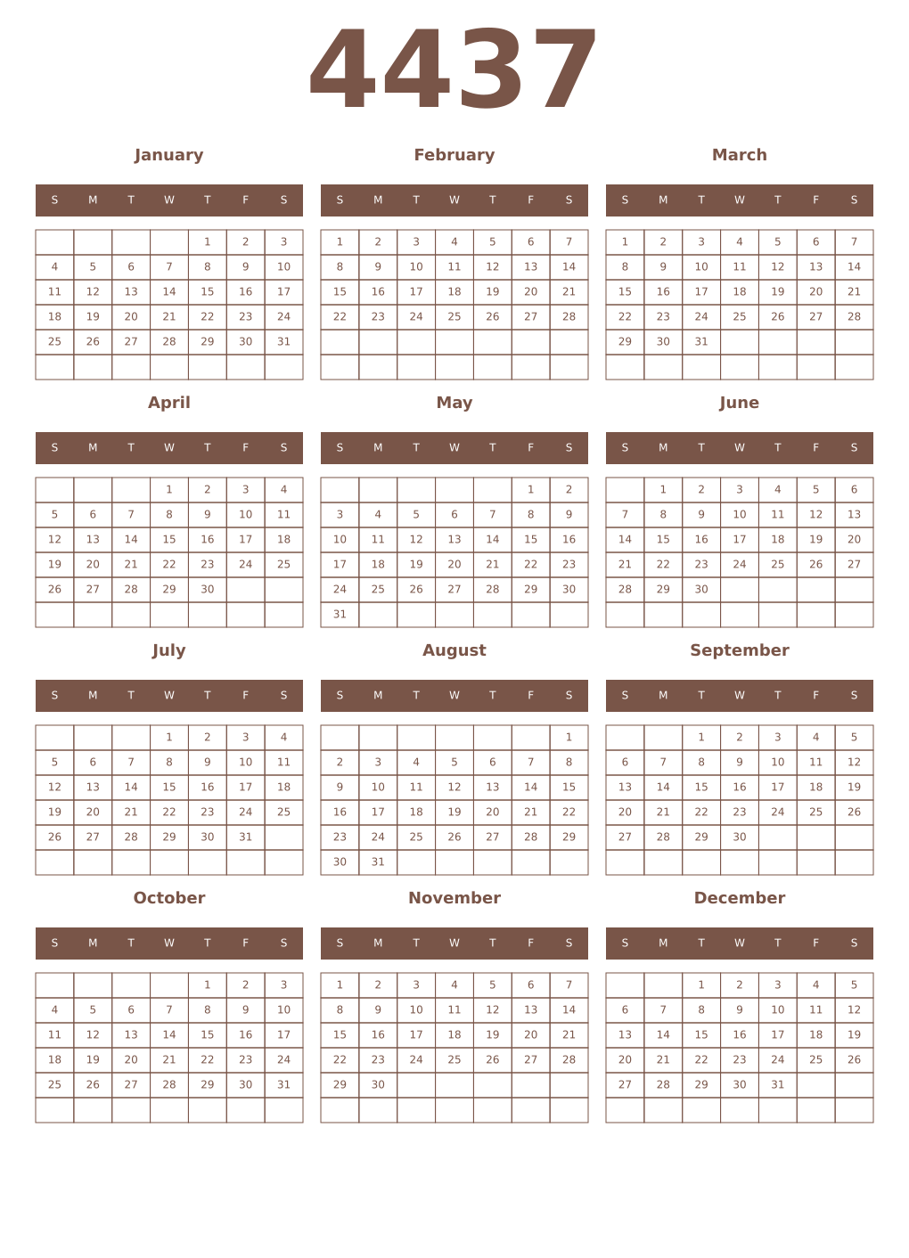 Printable 4437 Year Calendars coffe