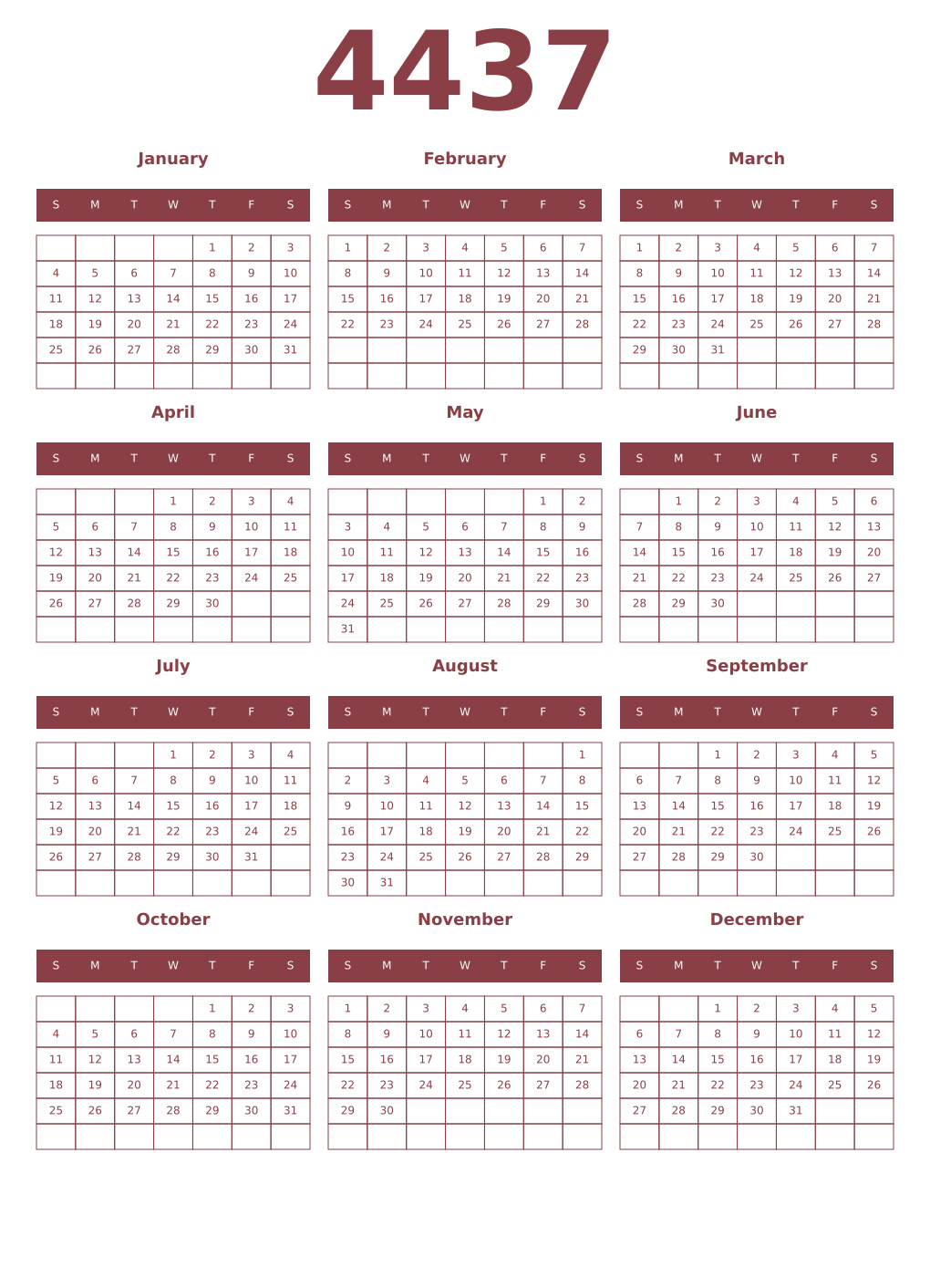 Printable 4437 Year Calendars cordovan