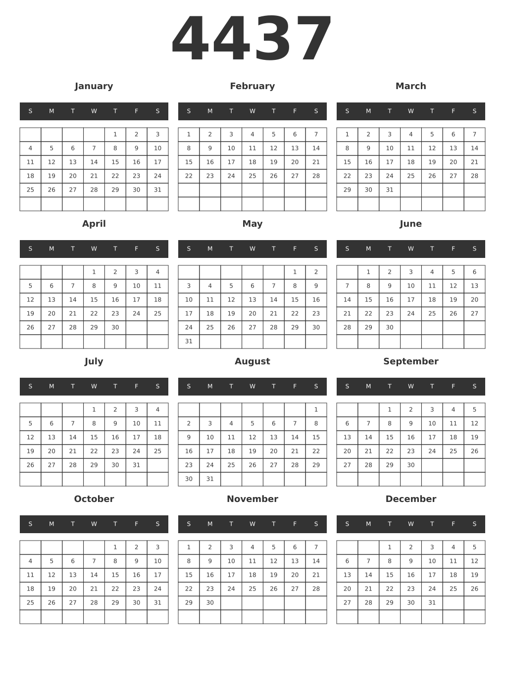 Printable 4437 Year Calendars dark