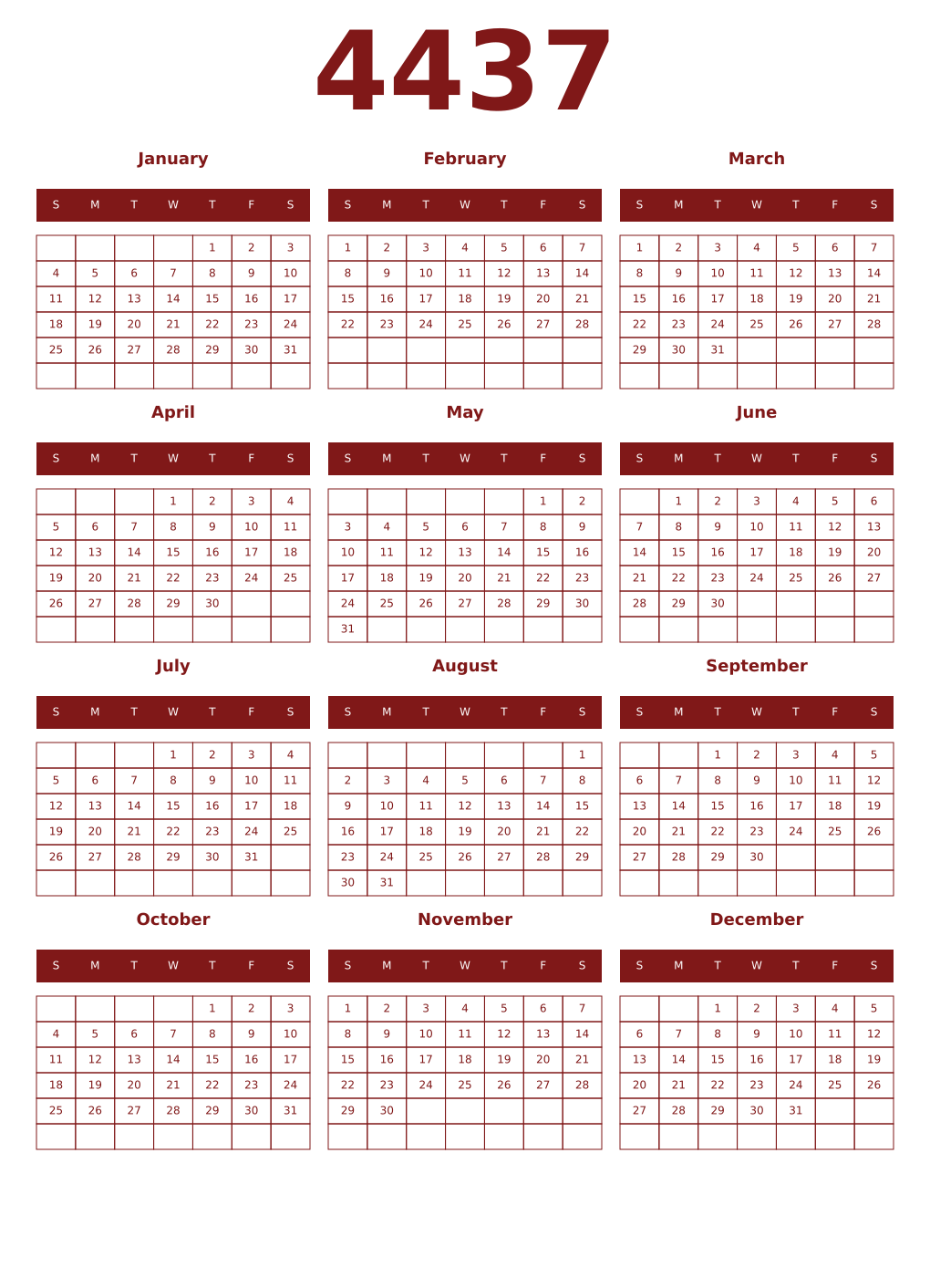 Printable 4437 Year Calendars falu