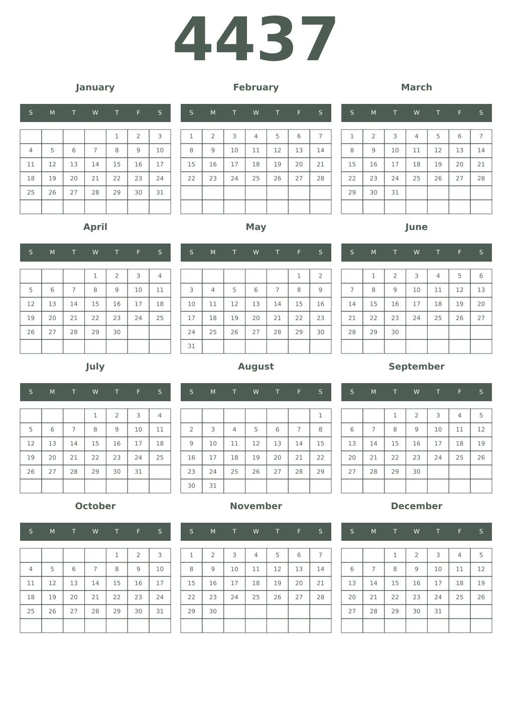 Printable 4437 Year Calendars feldgrau