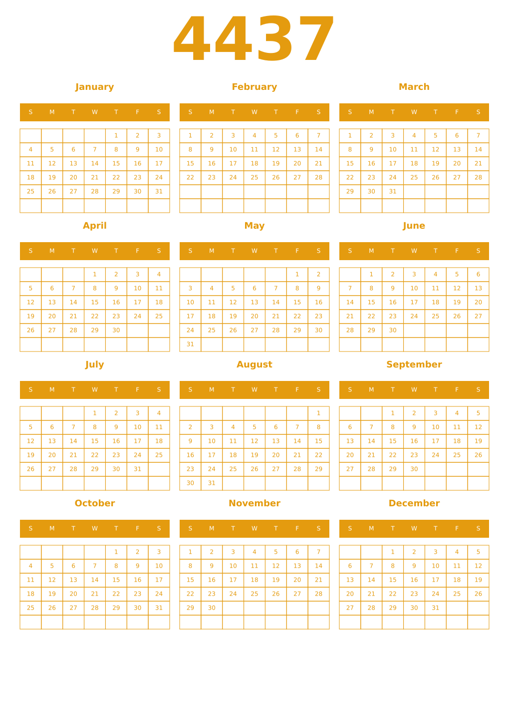 Printable 4437 Year Calendars gamboge