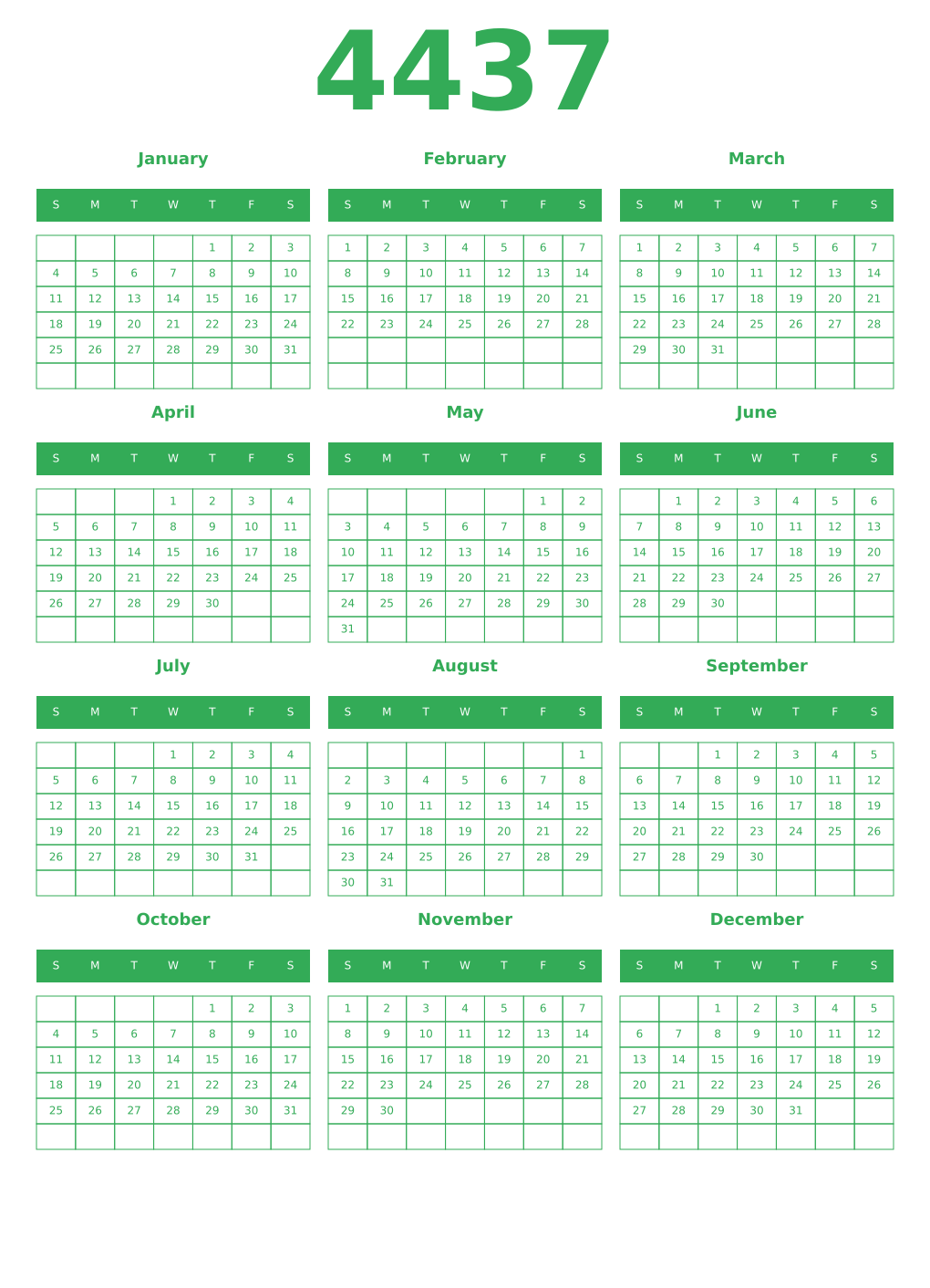 Printable 4437 Year Calendars green