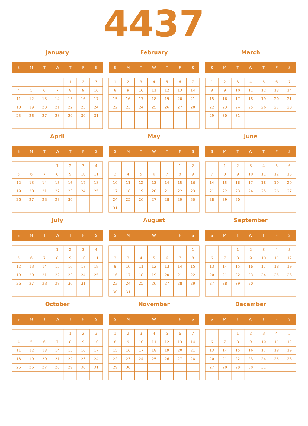 Printable 4437 Year Calendars orange