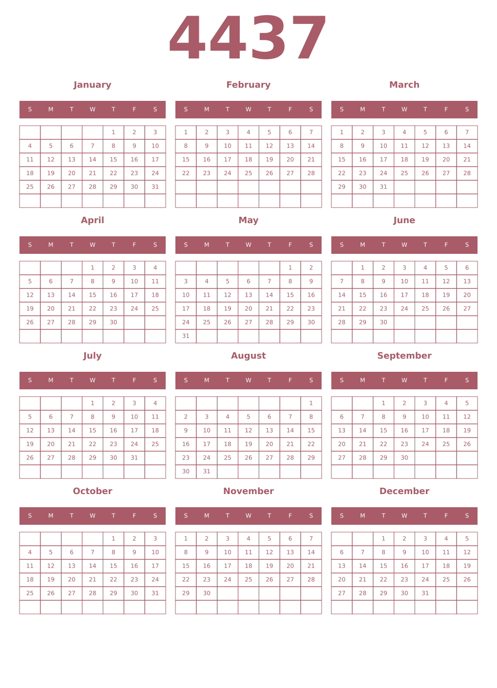 Printable 4437 Year Calendars puce