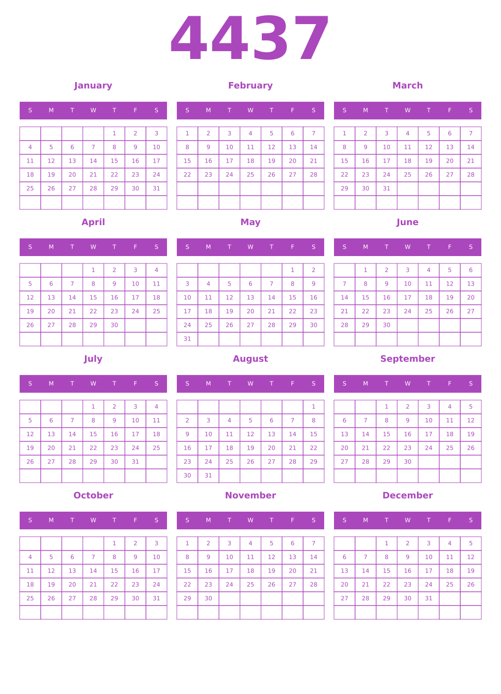 Printable 4437 Year Calendars purple