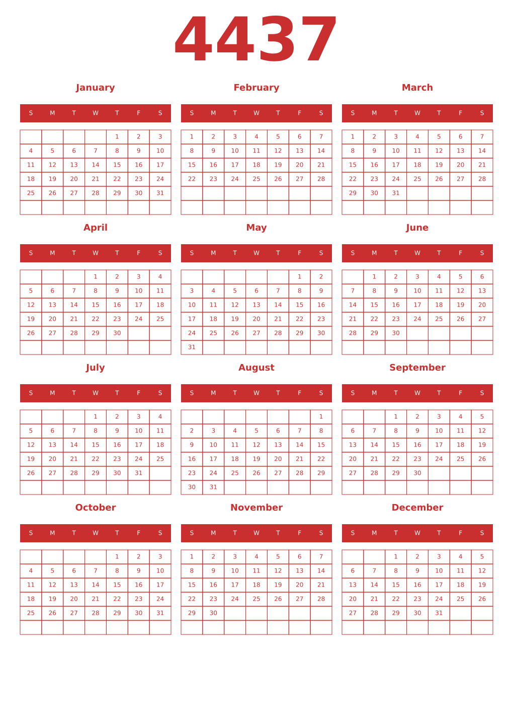 Printable 4437 Year Calendars red