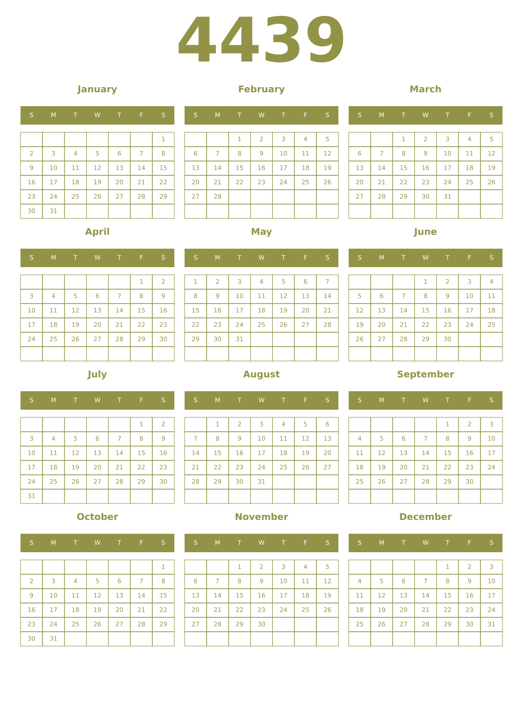 Printable 4439 Year Calendars eburnean