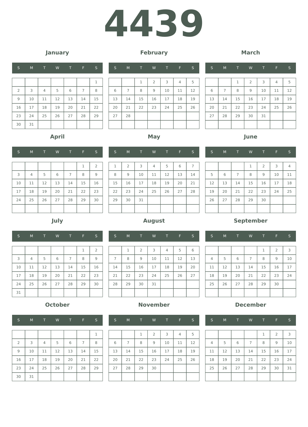 Printable 4439 Year Calendars feldgrau
