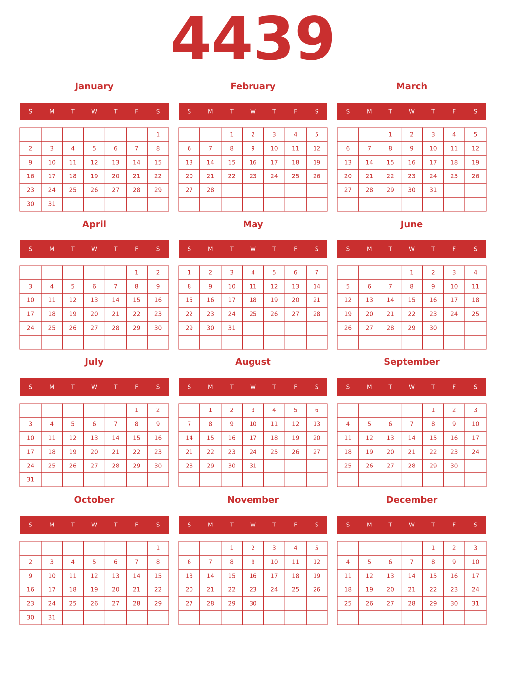 Printable 4439 Year Calendars red