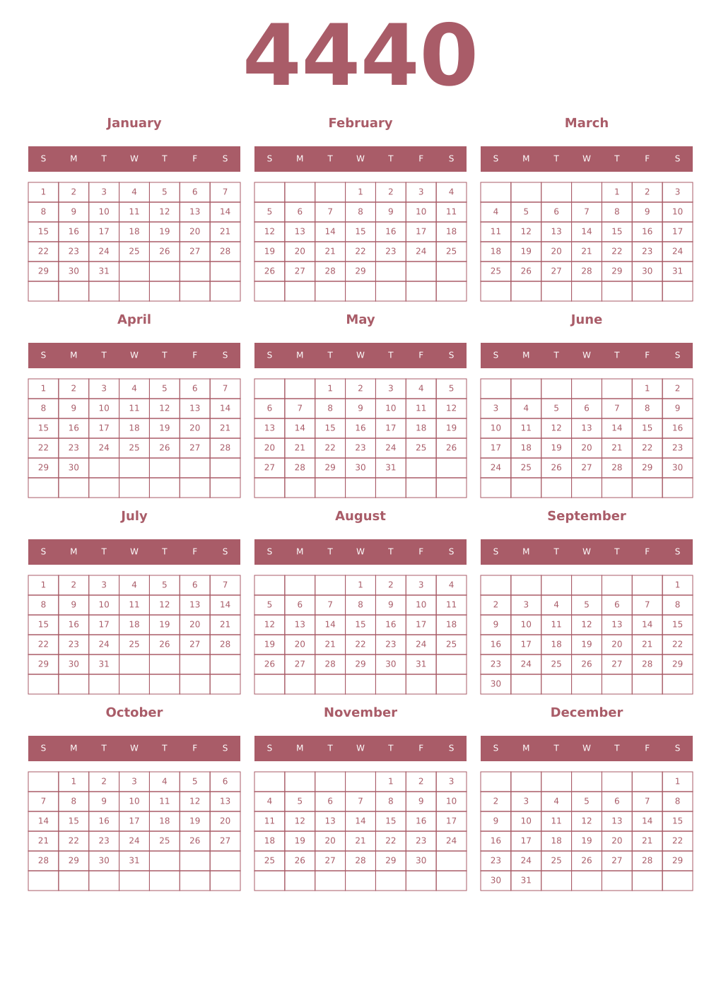 Printable 4440 Year Calendars puce