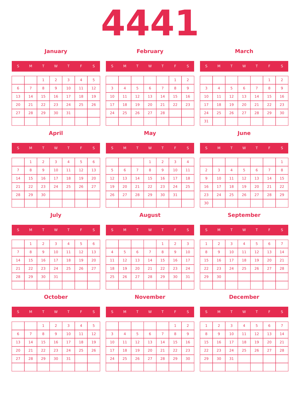 Printable 4441 Year Calendars amaranth