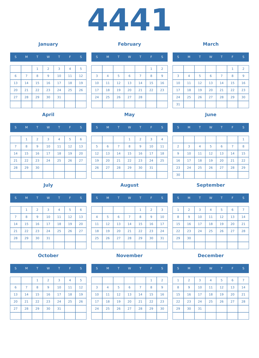 Printable 4441 Year Calendars blue