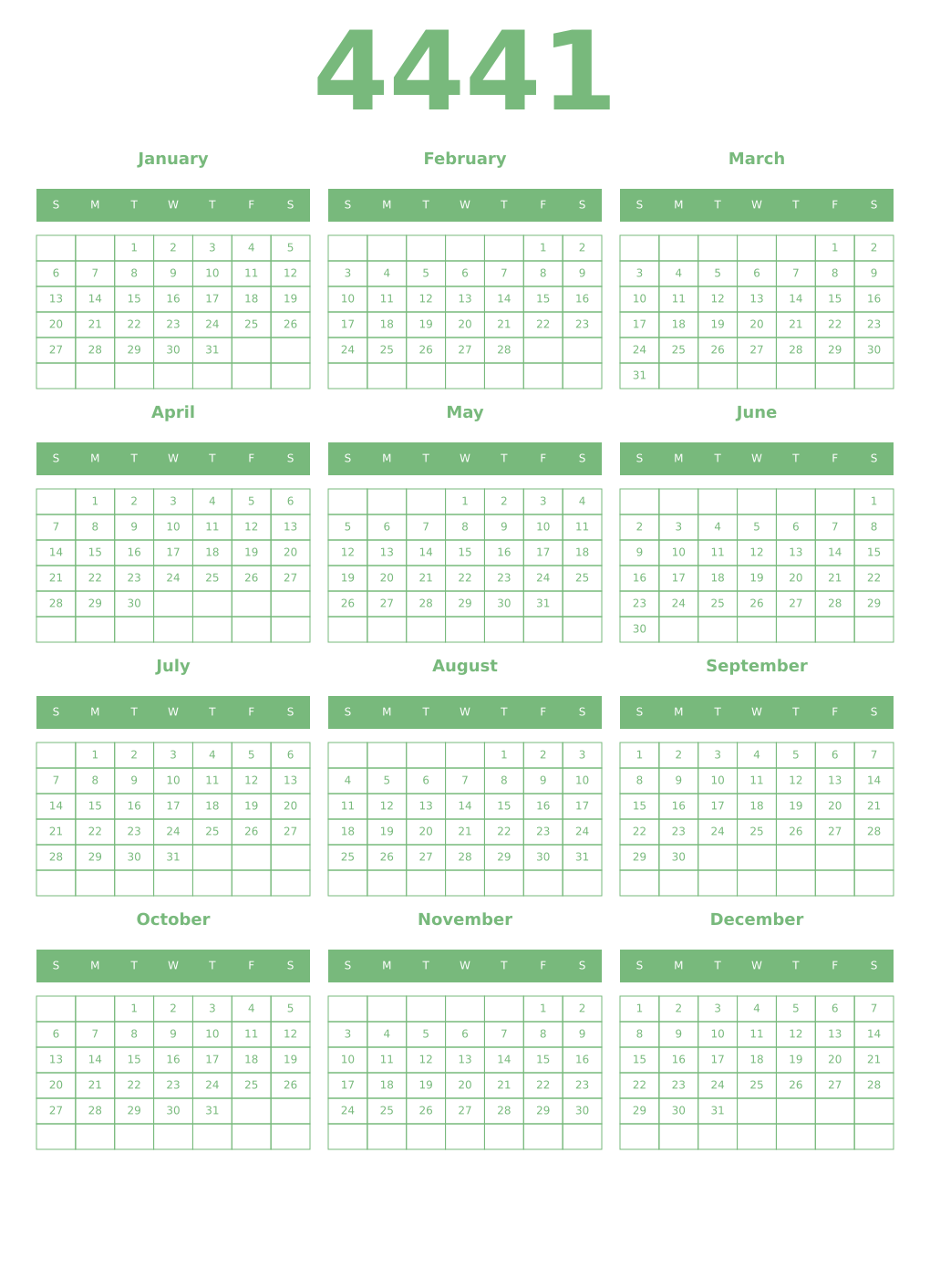 Printable 4441 Year Calendars celadon