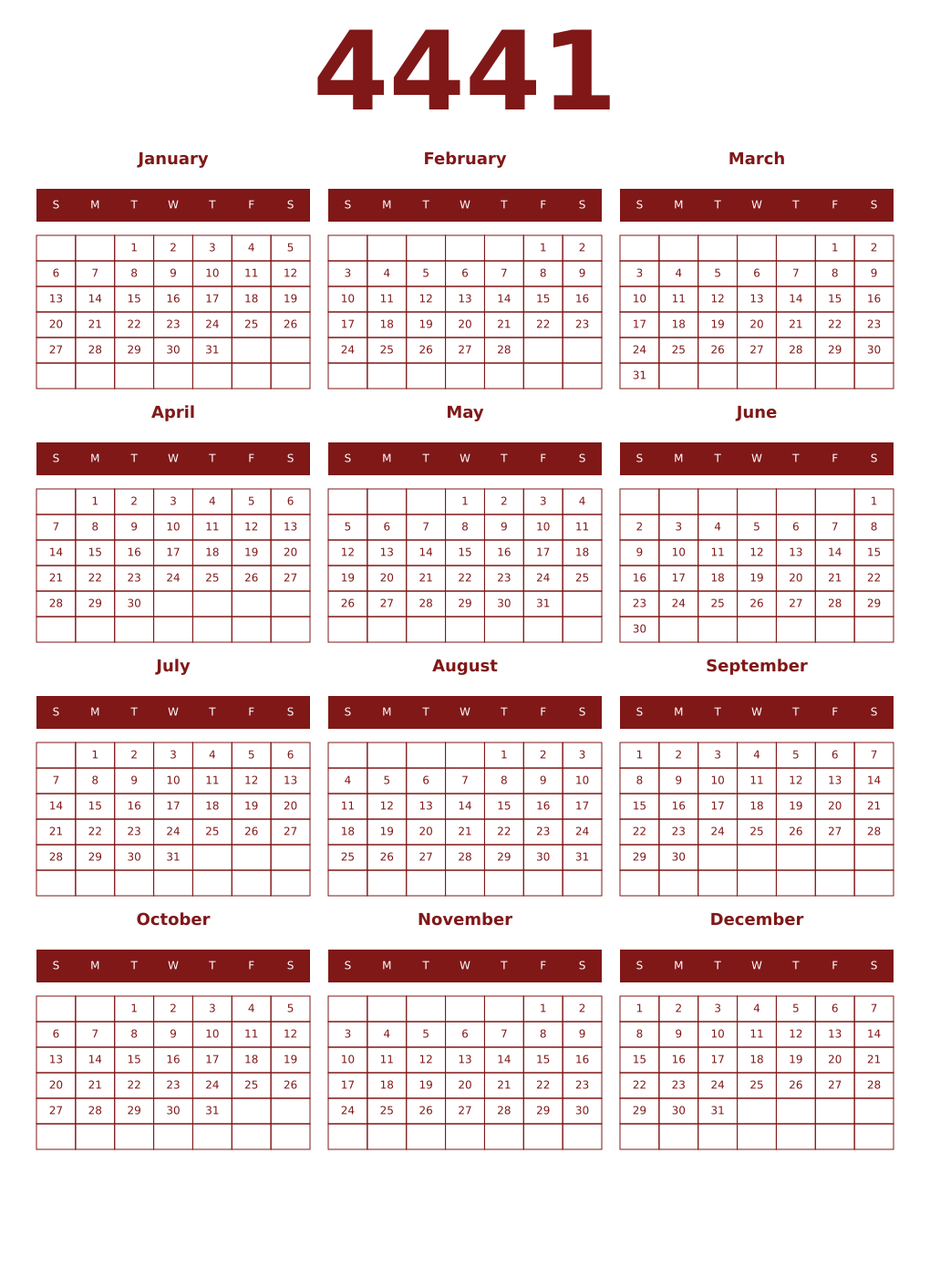 Printable 4441 Year Calendars falu