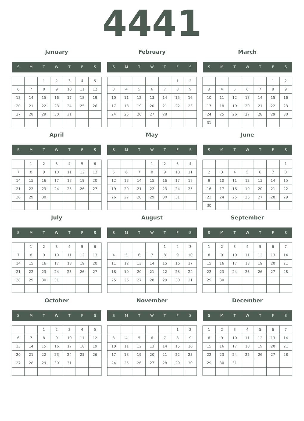Printable 4441 Year Calendars feldgrau