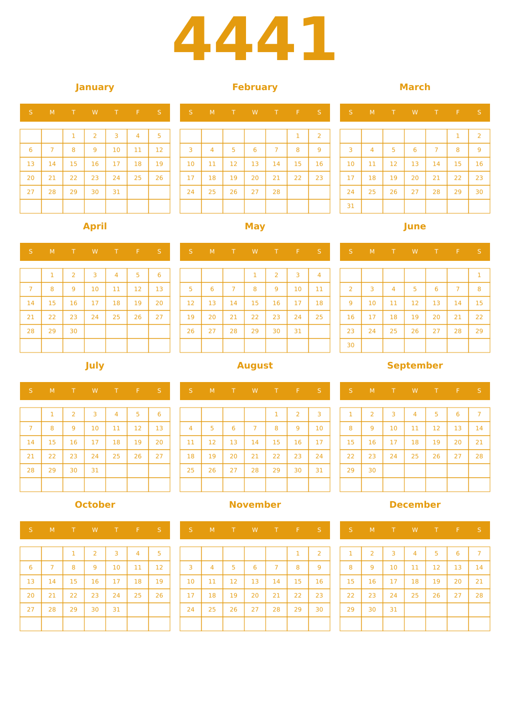 Printable 4441 Year Calendars gamboge
