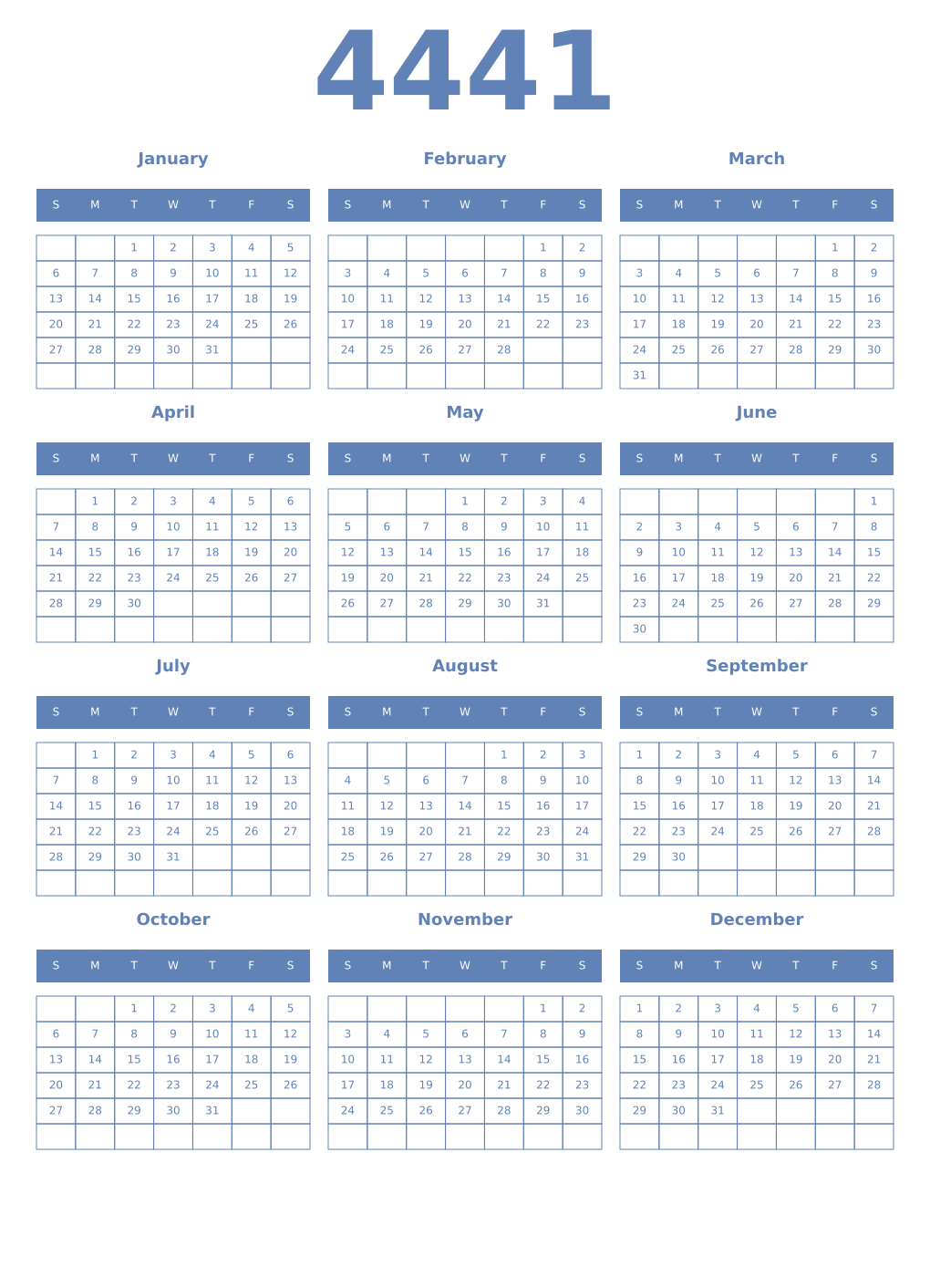 Printable 4441 Year Calendars glaucous