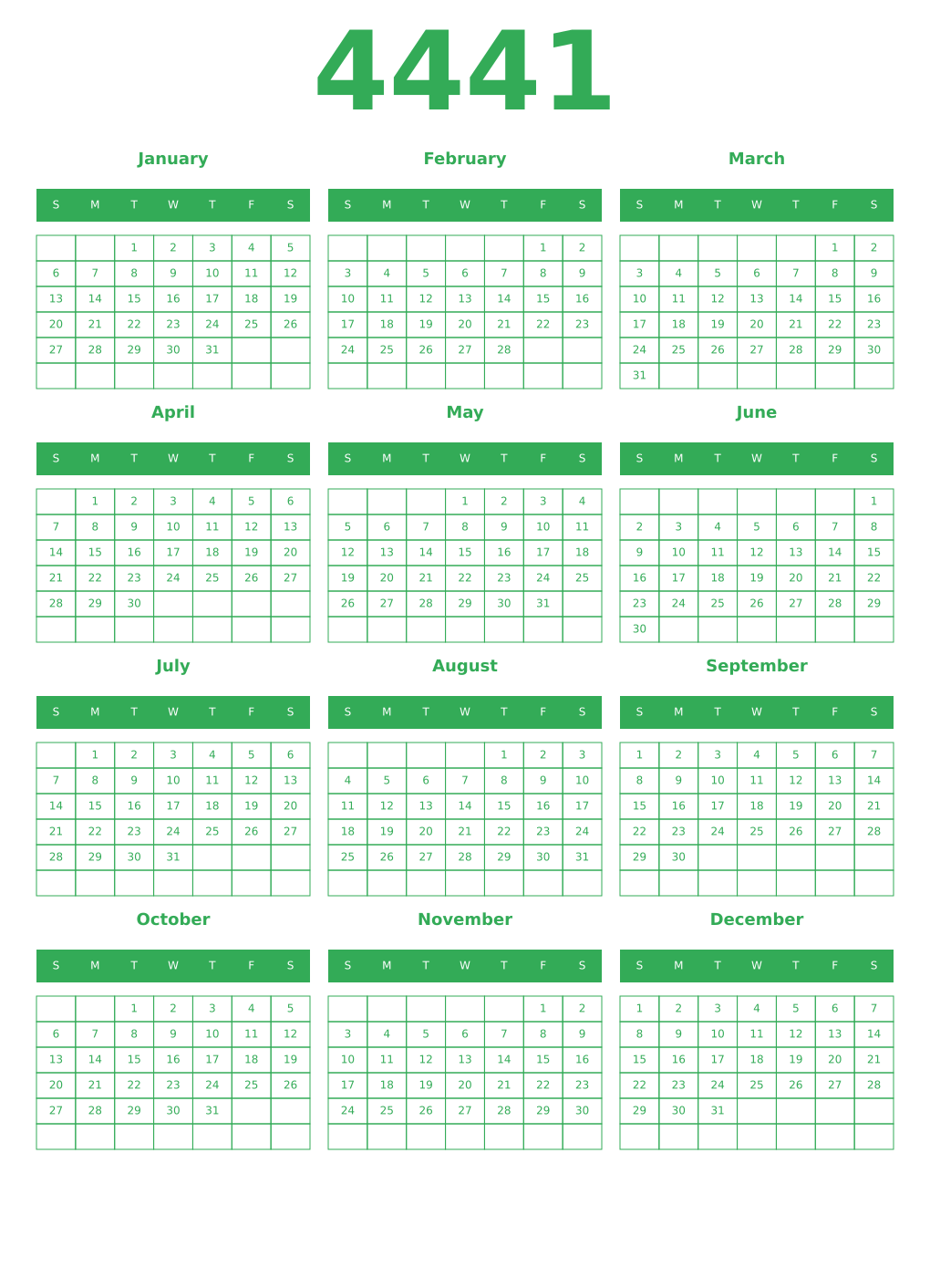 Printable 4441 Year Calendars green